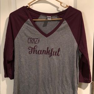3/4 sleeve grey and burgundy shirt